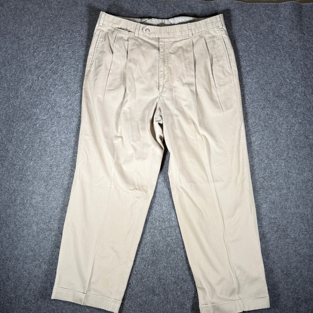 VTG Brooks Brothers Mens 38 Pleated Chino Pants Khaki Tan Cotton Cuffed USA Made